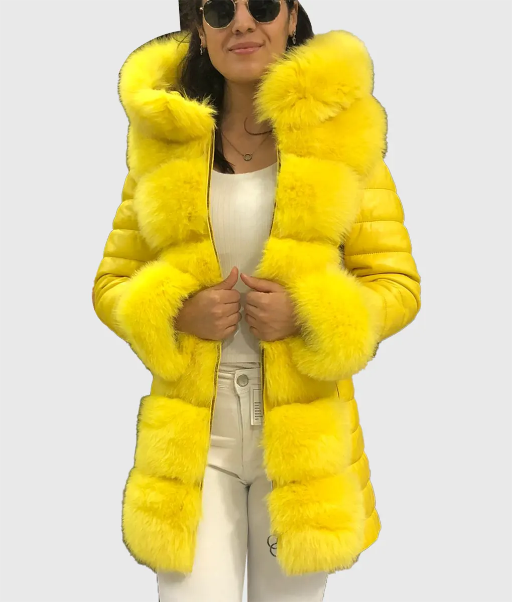 Ken Women Yellow Trimmed Long Fox Fur Coat With Hood