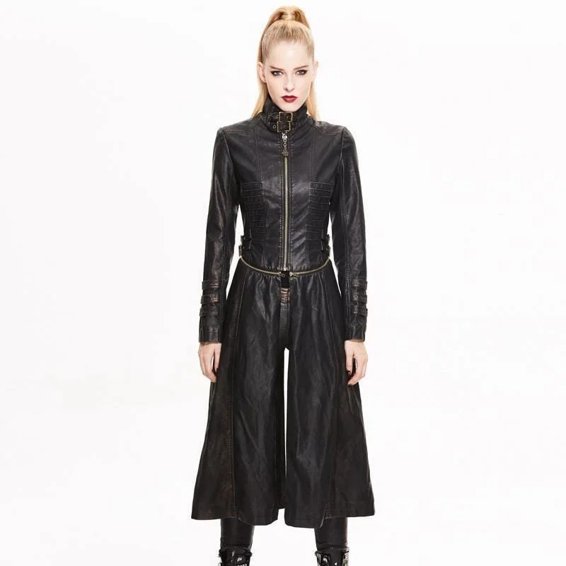 Women's Long Faux Leather Punk Jacket