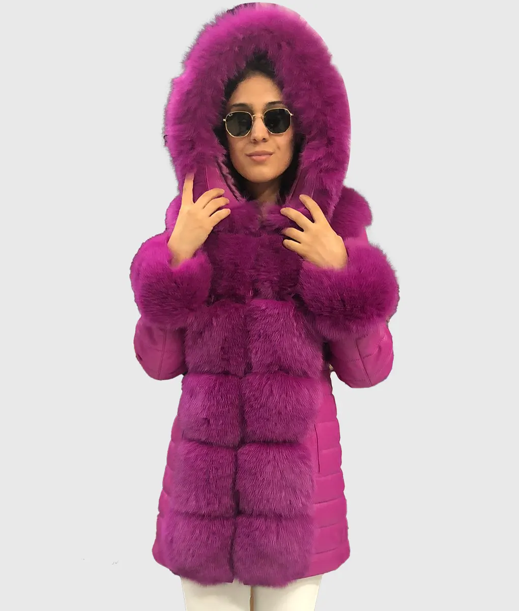 Lox Women Purple Trimmed Long Fox Fur Coat With Hood