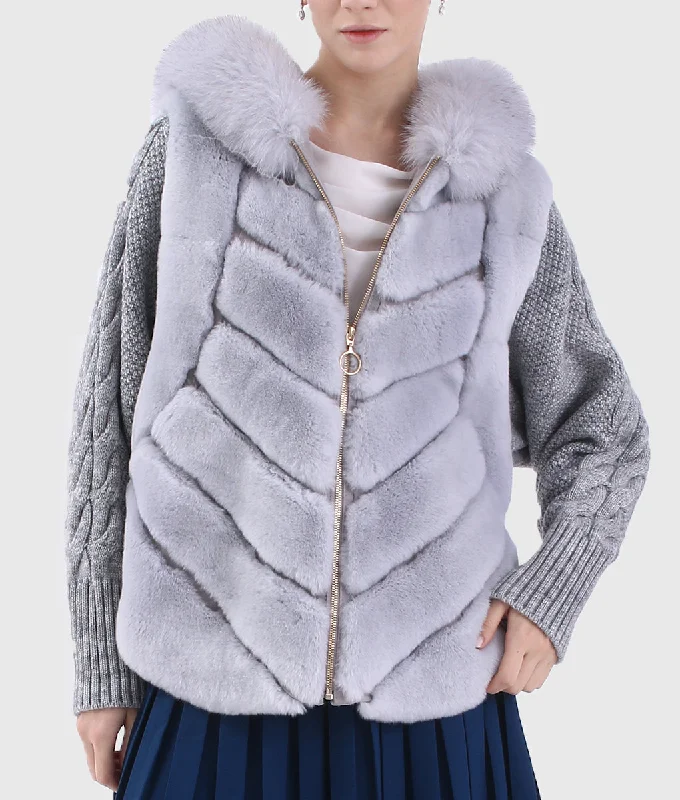 Merinda Women Silver Trimmed Rex Rabbit Hooded Fur Jacket with Fox Fur Collar