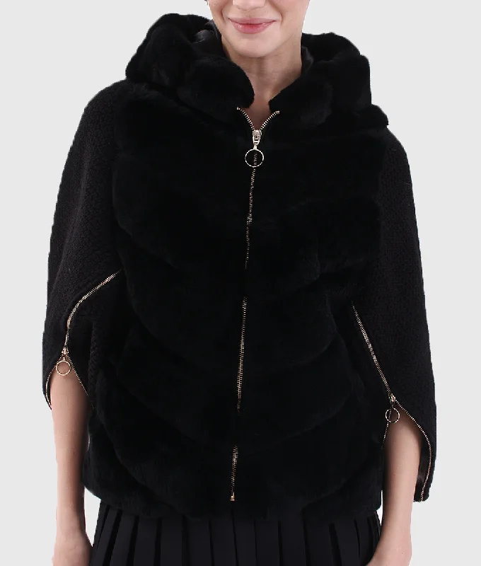 Neol Women Black Hooded Mink Fur Jacket