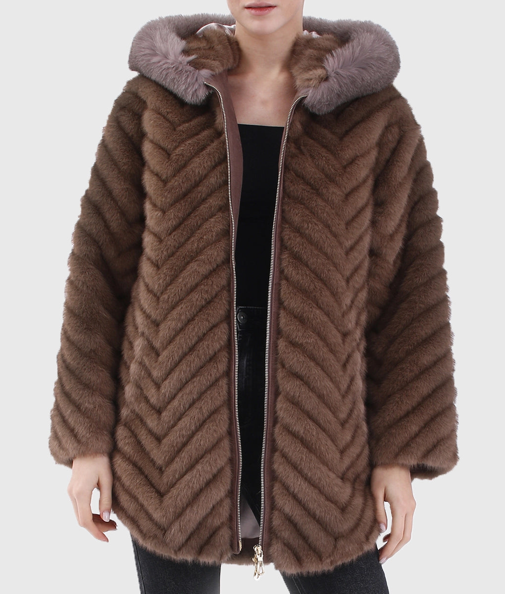 Penny Women Brown Long Fox Fur Coat With Hood