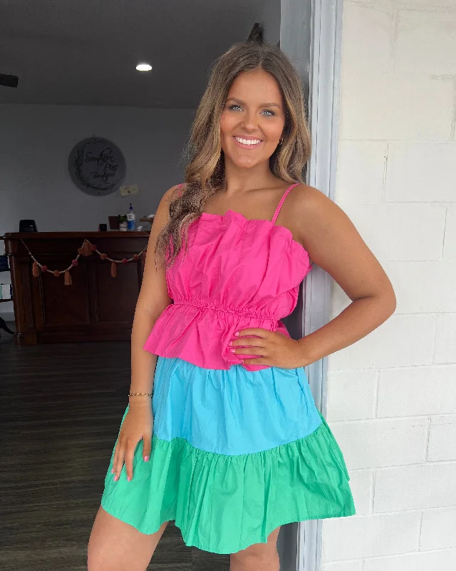 Pink, blue, green tiered dress