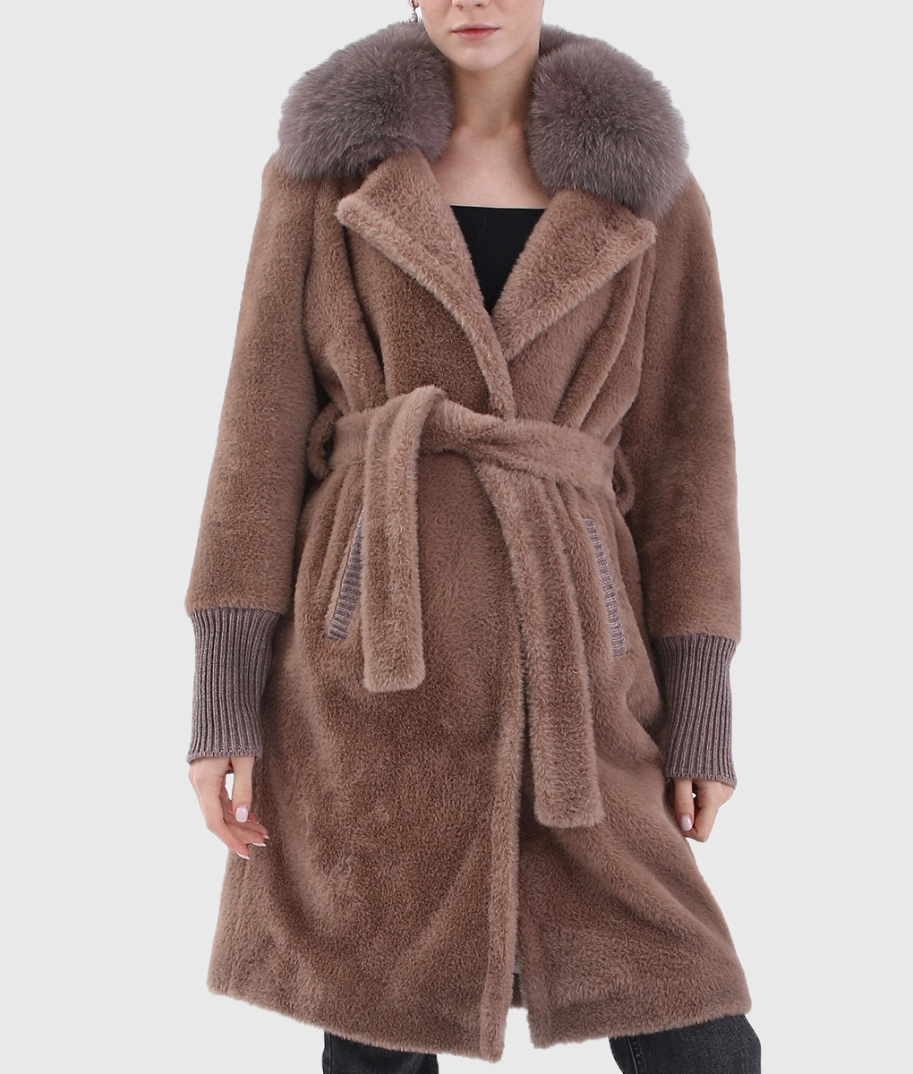 Sober Women Brown Long Shearling Fox Fur Collar Coat With Rope