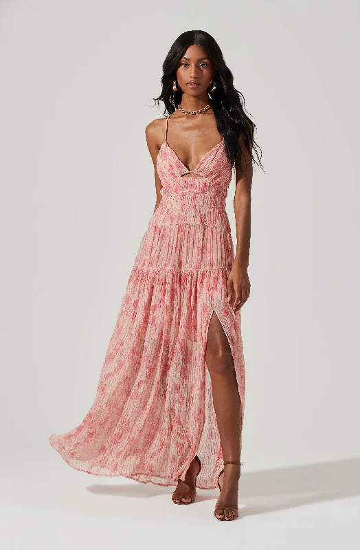 Tropics Plunge Neck Pleated Open Back Maxi Dress