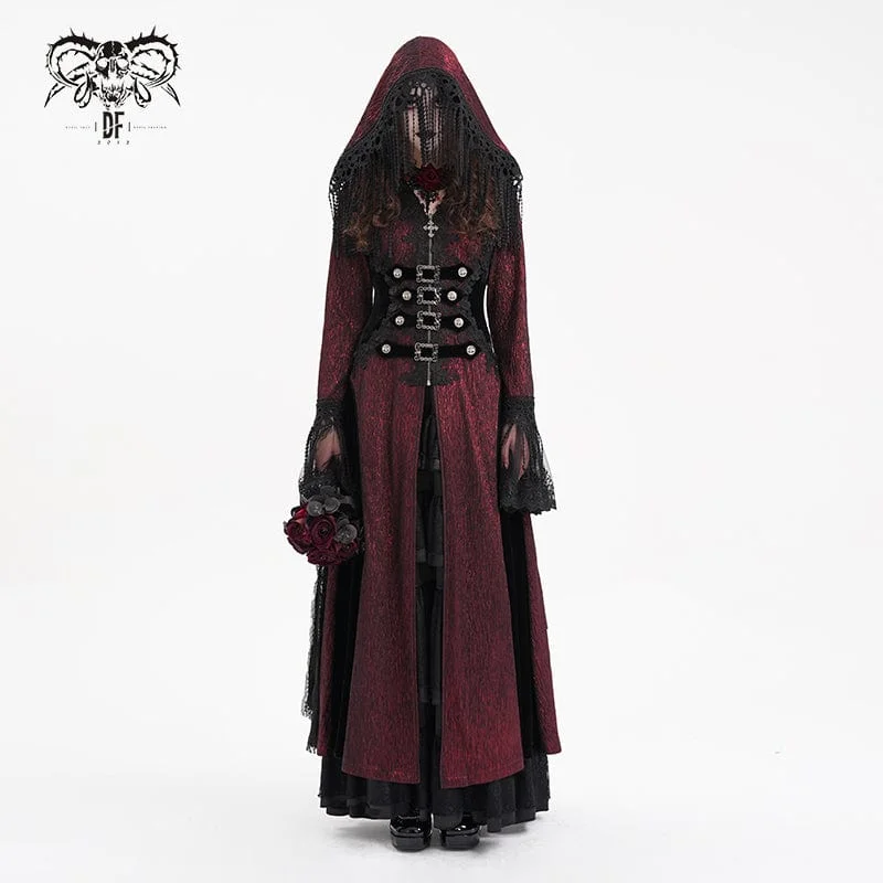 Women's Gothic Buckle-up Tassels Jacket with Hood Red