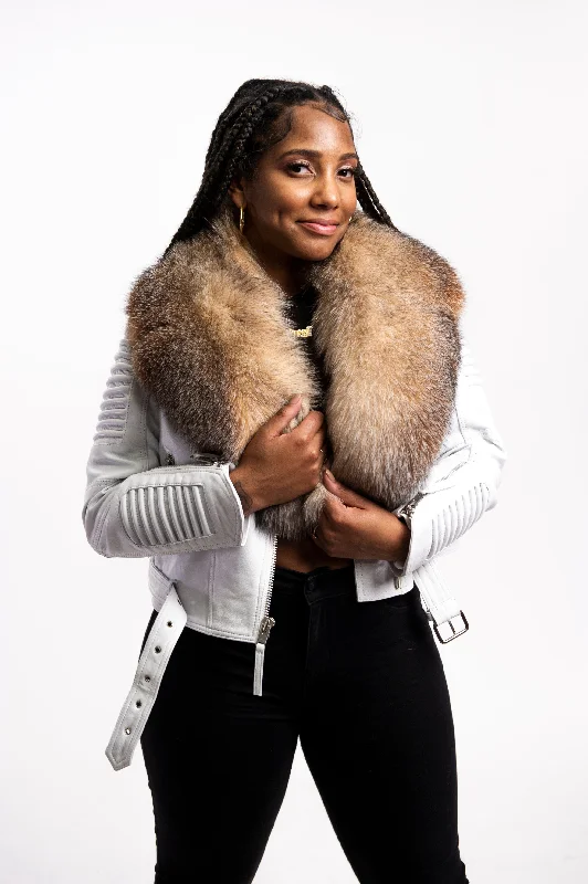 Women's Trey Biker White Oversized Fox Collar [Crystal Fox Fur]