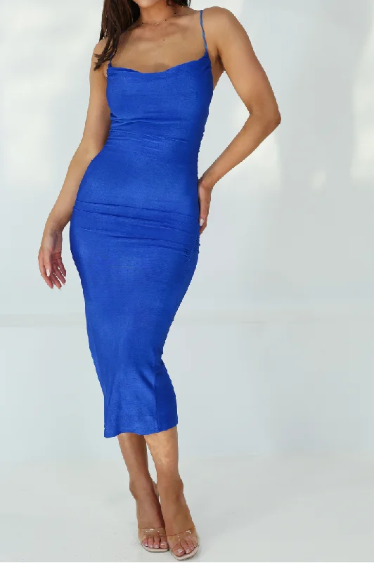 CHLOE COWL NECK MIDI DRESS - Cobalt Blue Metallic