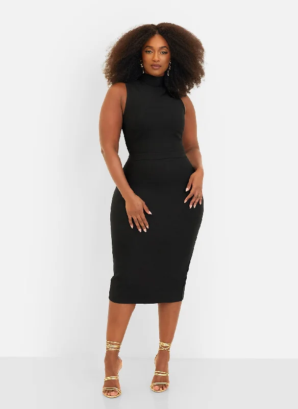 Esme Bandage High Neck Midi Bodycon Dress - Black