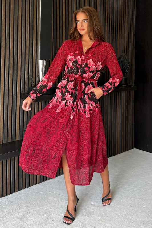 Everly Red and Pink Floral Shirt Midi Dress