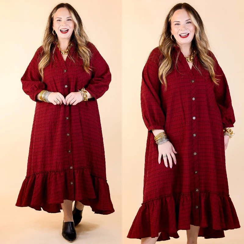 Easy to Please Button Up Ruffle Hem Midi Dress in Maroon Plaid