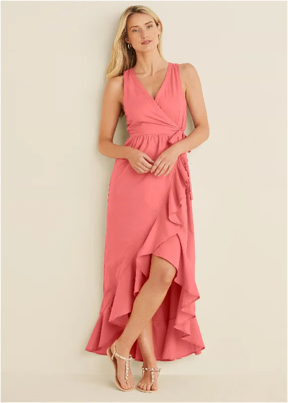 High-Low Wrap Dress - Coral