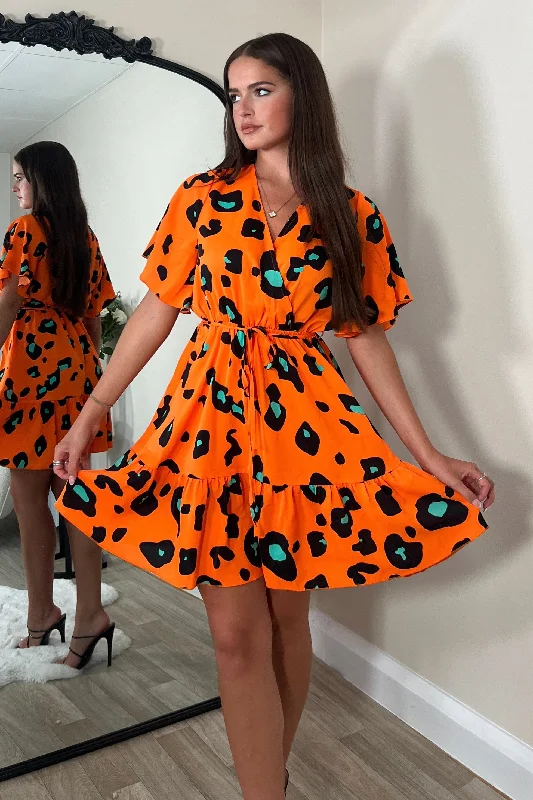 Jazlyn Orange Animal Wrap Mini Dress