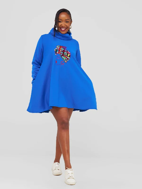 Khay Designs Ankara Pockets And Front Embroidery Fleece Dress - Blue