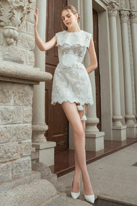 Rasin A-line Round Neck Lace Mini Dress