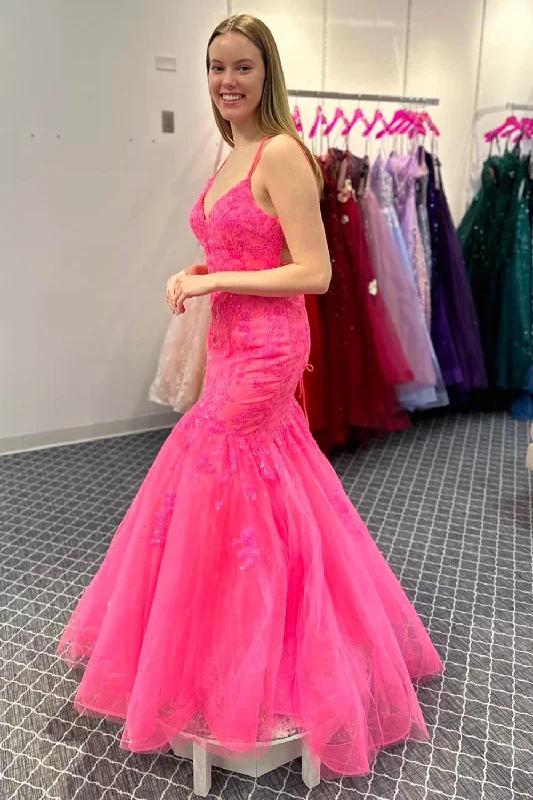 Hot Pink Mermaid Spaghetti Straps Long Prom Dress with Lace