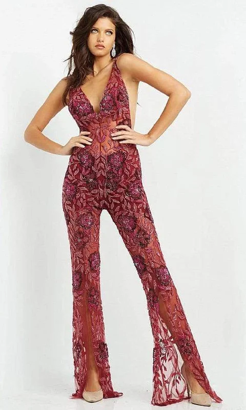 Jovani - 04402 V Neck See Through Beaded Jumpsuit