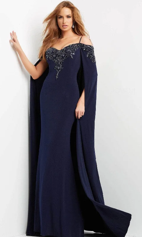 Jovani 06631 - Long Cape Embellished Evening Gown