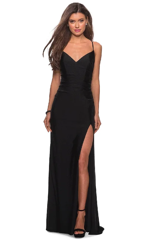 La Femme - 28206 Long Crisscross Strapped High Slit Sheath Gown