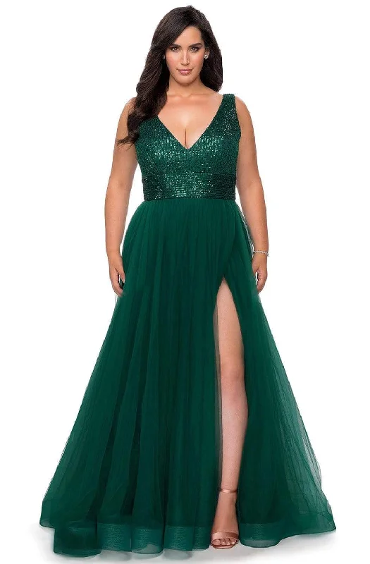 La Femme - 29045 Sequined V-Neck High Slit Junior Prom Gown