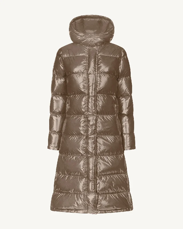 Long hooded lacquered down jacket Taupe Karachi