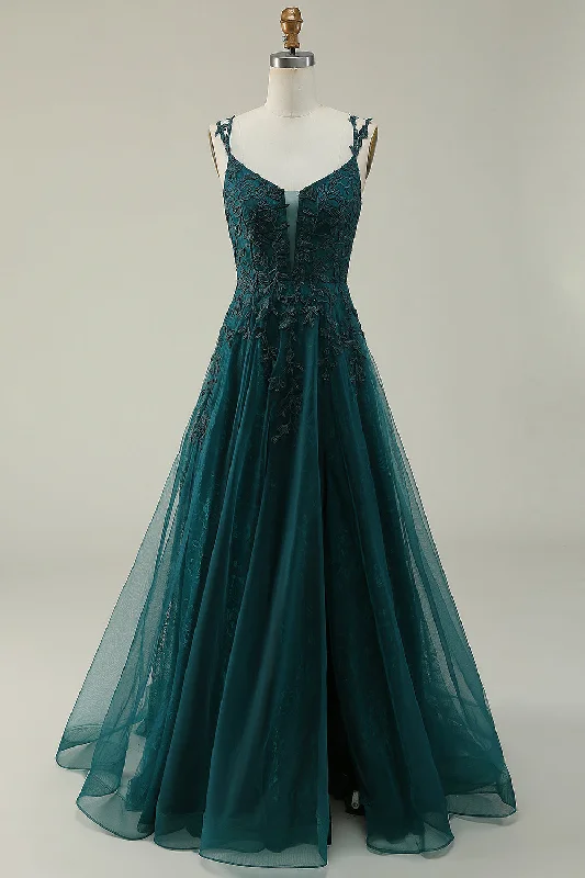 Tulle Spaghetti Straps Dark Green Ball Gown Dress with Appliques