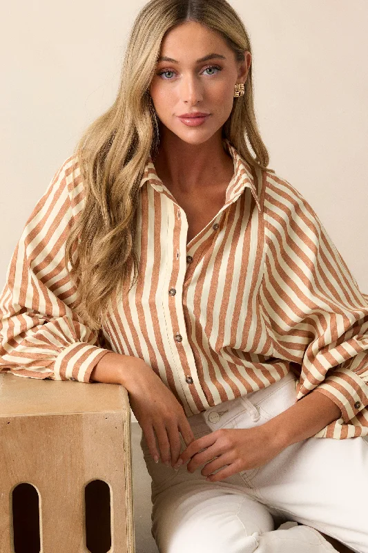 Bridge Over Water Tan Stripe Button Front Top