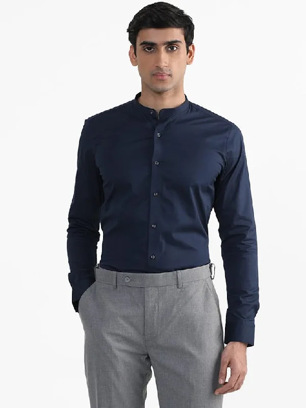 WES Formals Plain Indigo Cotton Blend Slim-Fit Shirt