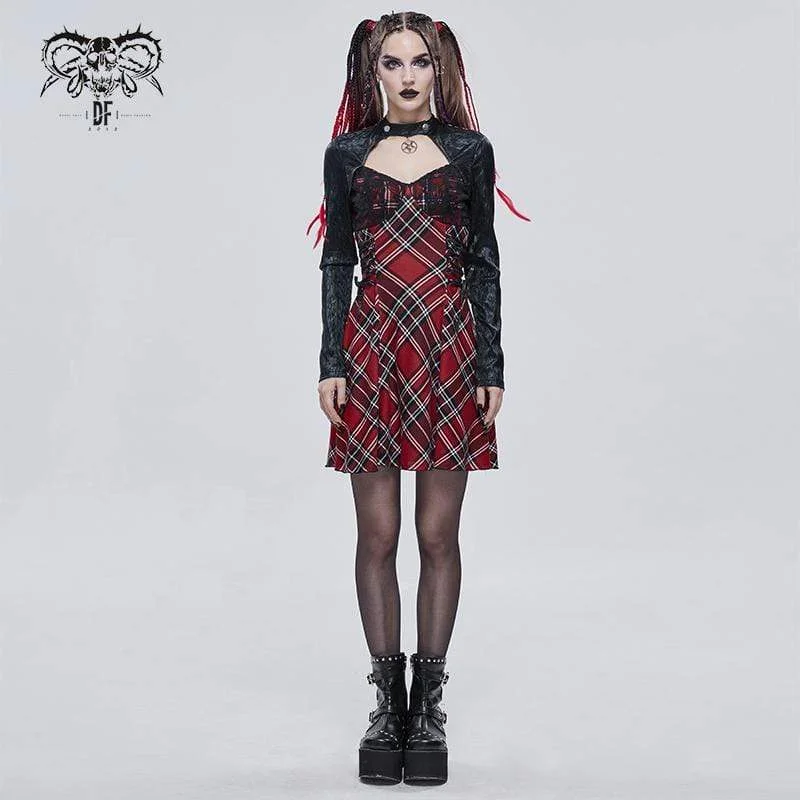 Women's Gothic Strappy Cutout Splice Plaid Dress