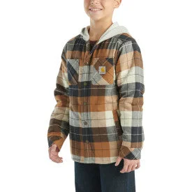 Youth Boys Long Sleeve Flannel Button Down Hooded Shirt Jacket - Carhartt Brown